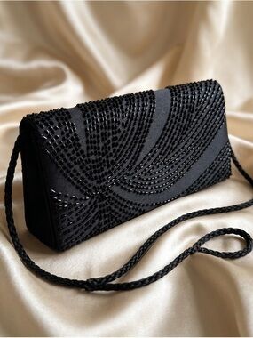 Jessica McClintock 90s Black Beaded Satin Noir Vintage Shoulder Bag Clutch